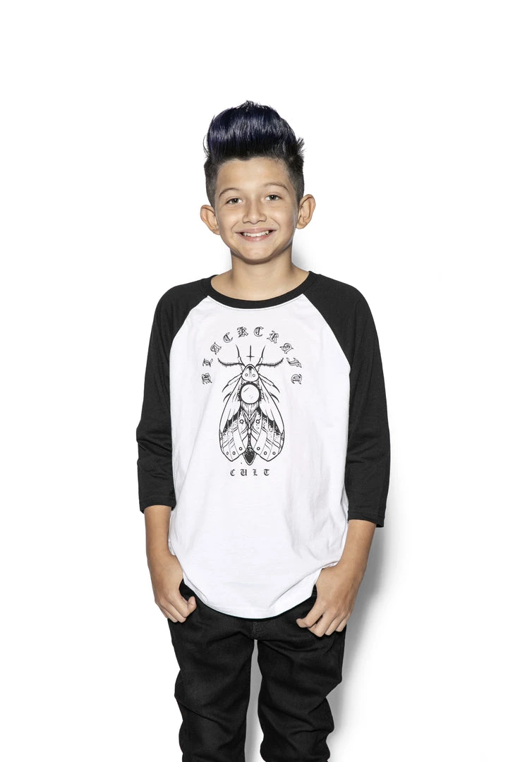 Blackcraft Cult Kids Moth Planchette - Child's Baseball Tee 3 Blackcraft Cult Kids Moth Planchette - Child's Baseball Tee