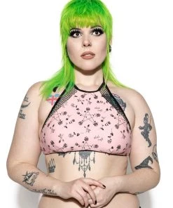 ACDC Pink Pentagram Rose Mesh Swim Top