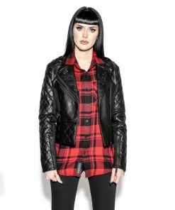 HK East Never Trust Quilted Faux Leather Moto Jacket Womens