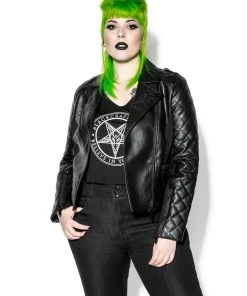 HK East Never Trust Quilted Faux Leather Moto Jacket Womens